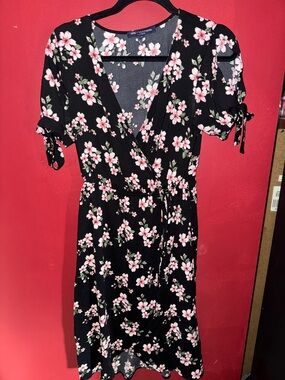 Floral Wrap Midi Dress - Black with Pink Cherry Blossoms